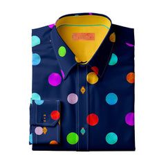 Multicolour polkadot women's print shirt in satin and cotton blend, featuring vibrant dots on a navy background.