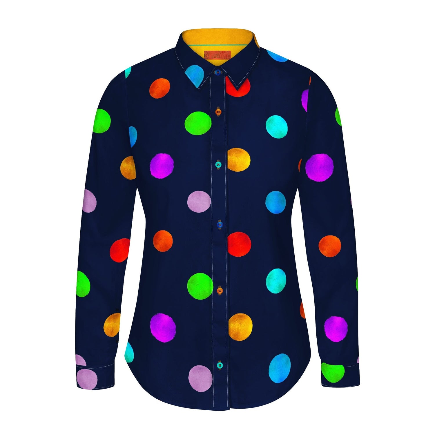 Multicolour polkadot women's print shirt with vibrant dots on a smooth satin and cotton blend, perfect for quirky office or casual weekend looks