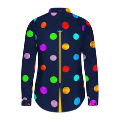 Womens multicolour polkadot print shirt in satin-cotton blend, vibrant polka dots on dark background, playful and cheerful design