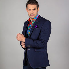 Man wearing navy SIGNATURE FITTED JACKET with multicolour stitching and arty splash impressions, part of men's stylish jacket collection