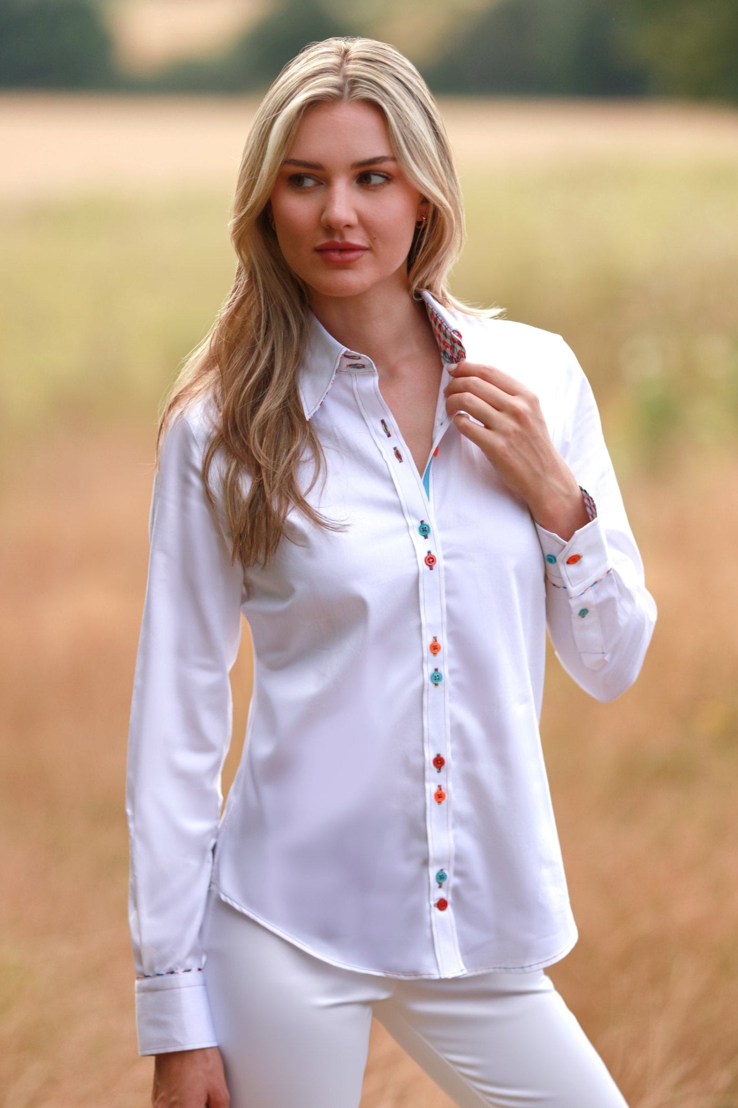 CLASSIC WOMENS PLAIN SHIRT WITH HOUNDSTOOTH INSERT