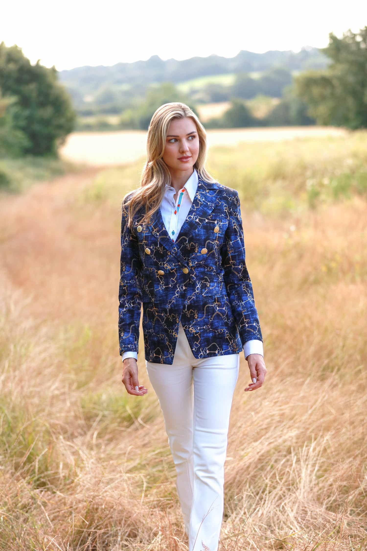 AZURE EQUESTRIENNE DOUBLE BREASTED PRINTED WOMENS JACKET