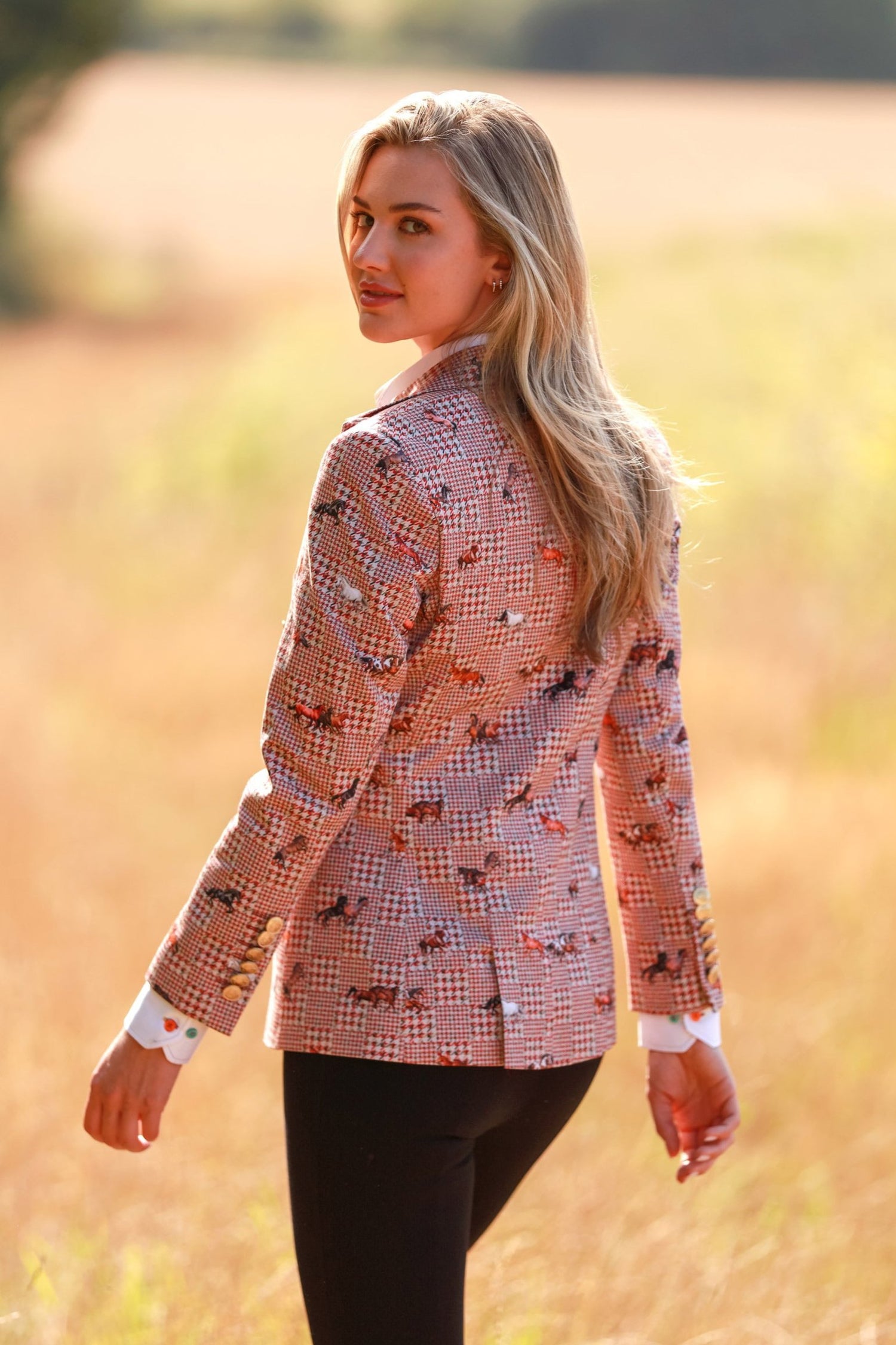 HOUNDSTOOTH AND MUSTANGS DOUBLE BREASTED PRINTED WOMENS JACKET