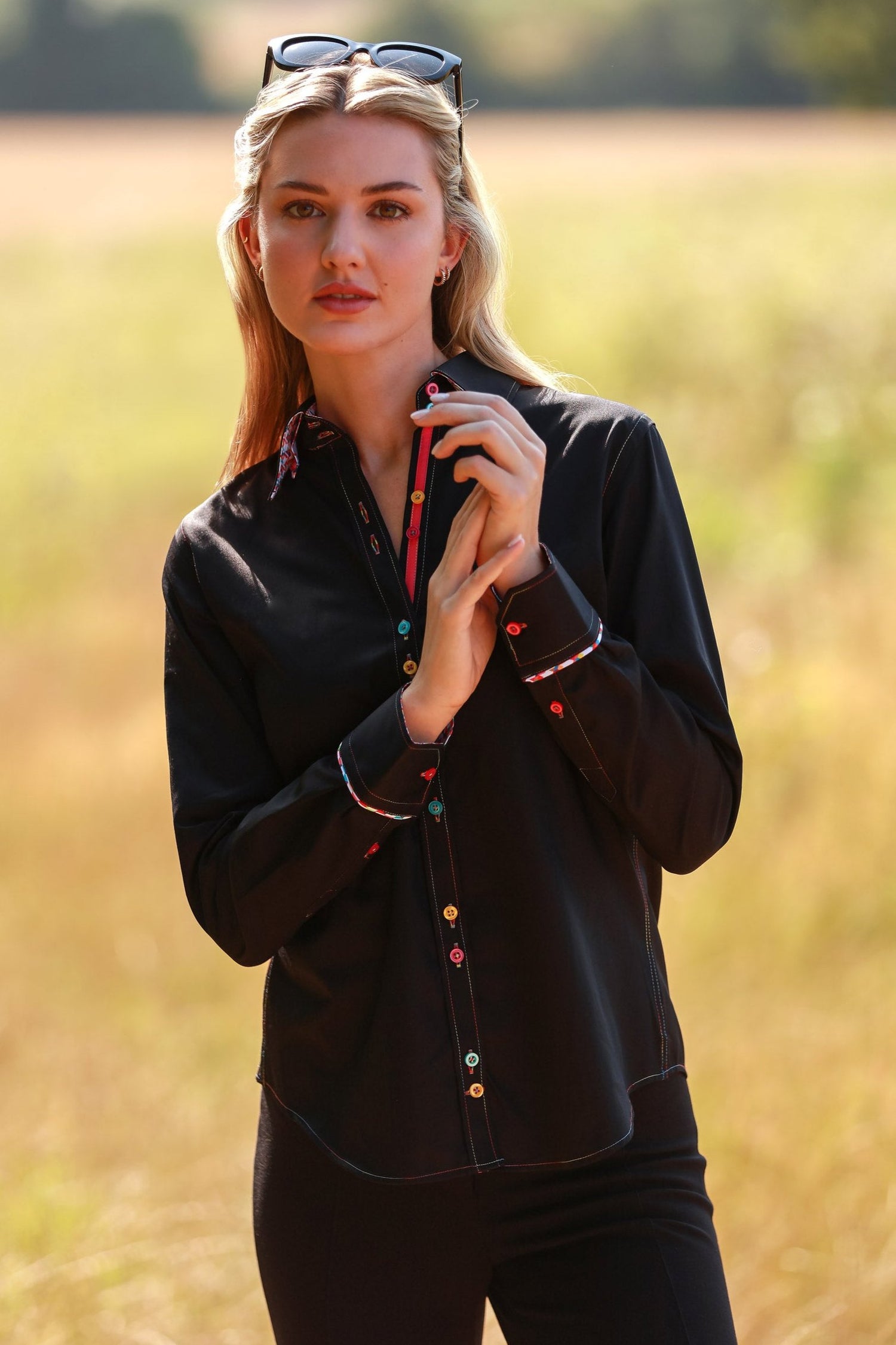 CLASSIC WOMENS PLAIN SHIRT WITH HOUNDSTOOTH INSERT