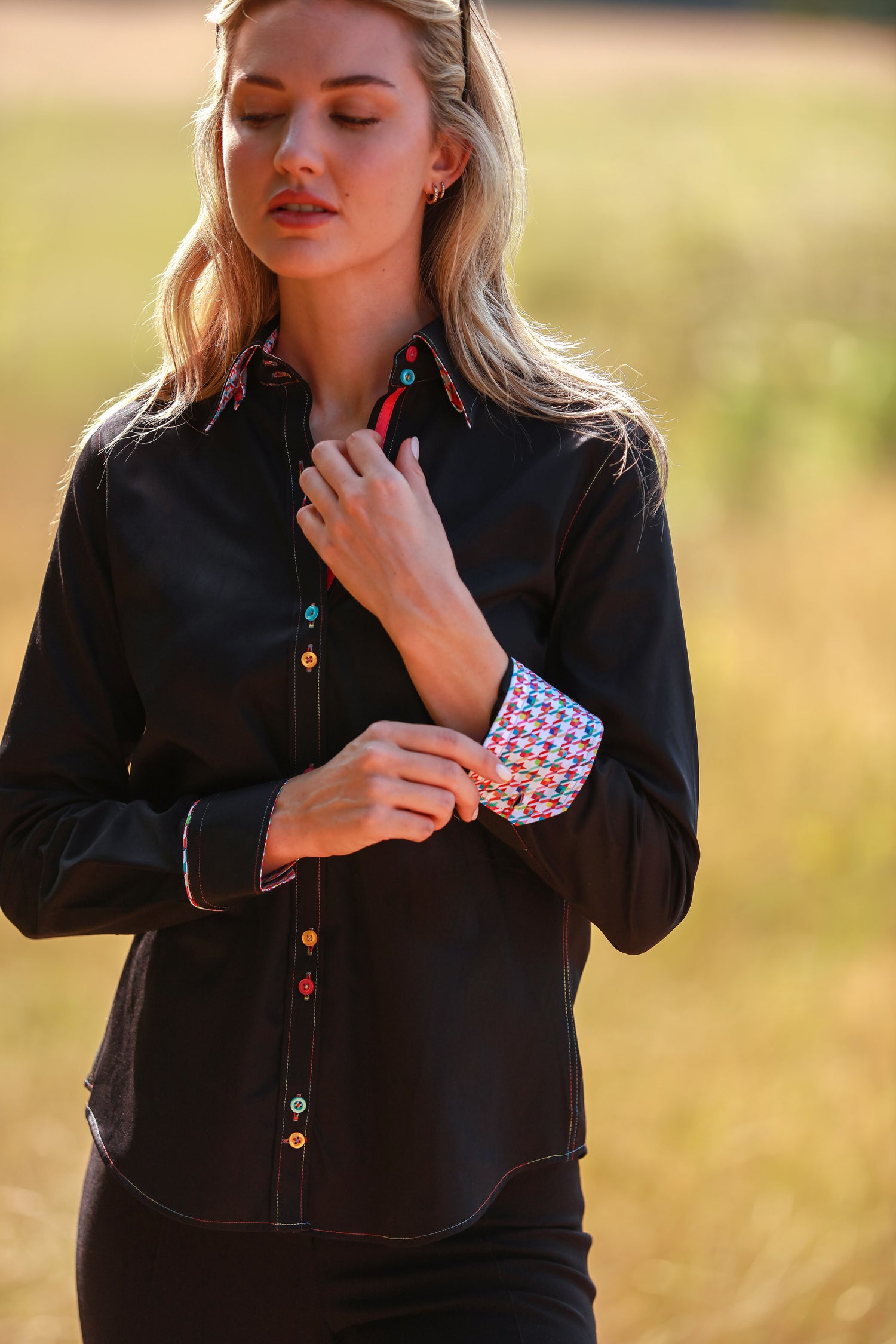 CLASSIC WOMENS PLAIN SHIRT WITH HOUNDSTOOTH INSERT