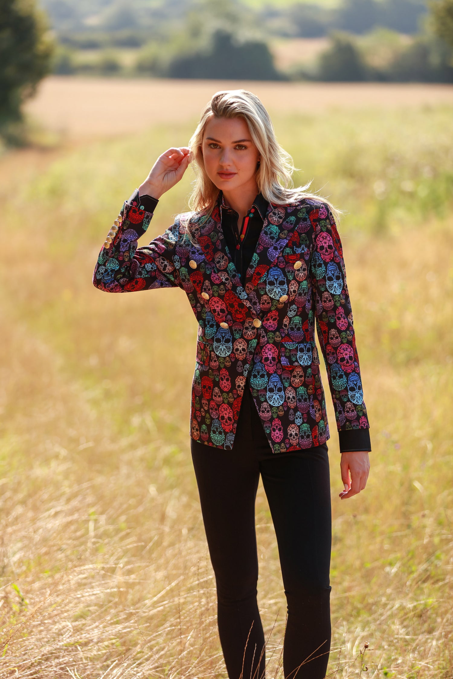 MULTICOLOUR SKULLS DOUBLE BREASTED PRINTED WOMENS JACKET