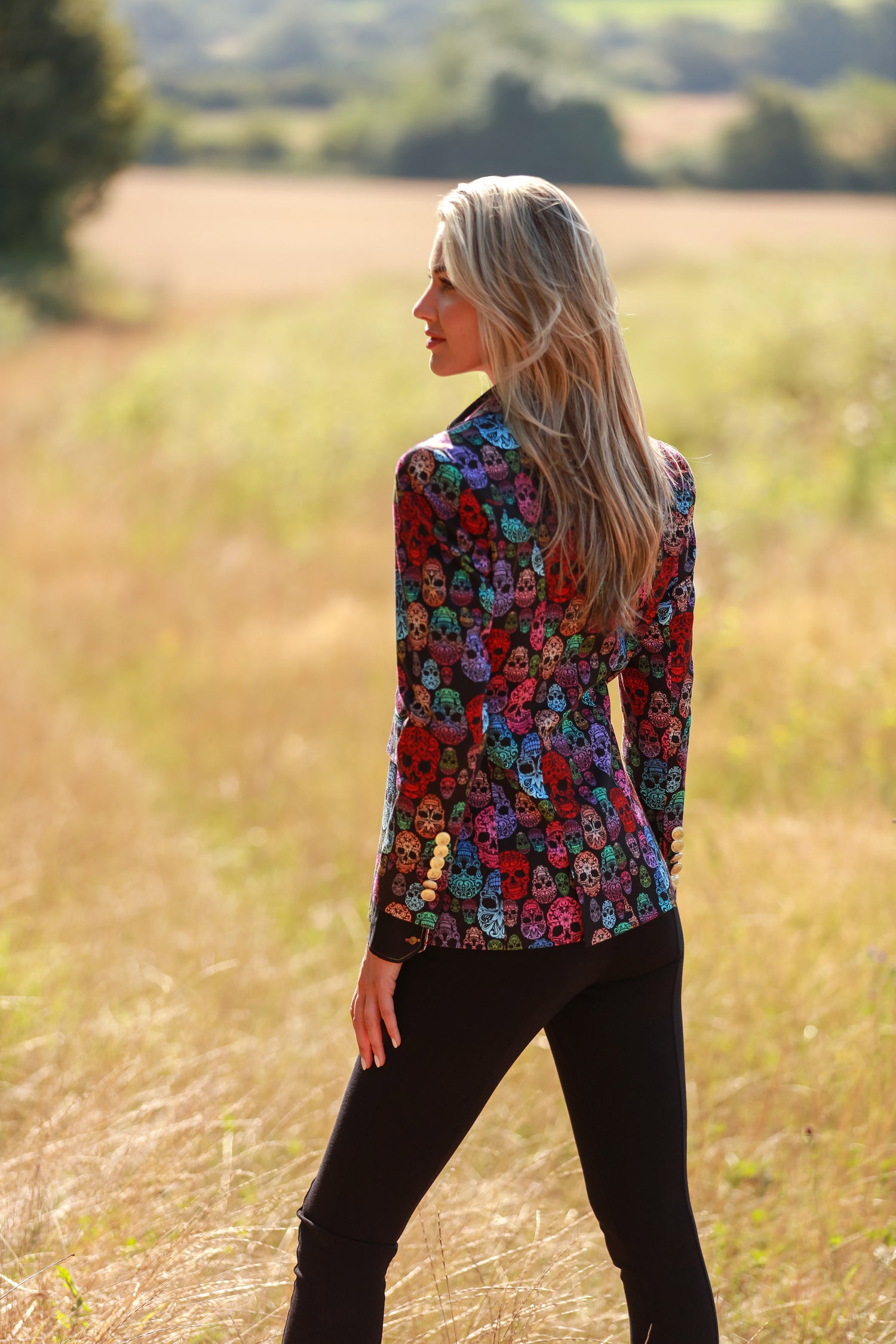 MULTICOLOUR SKULLS DOUBLE BREASTED PRINTED WOMENS JACKET