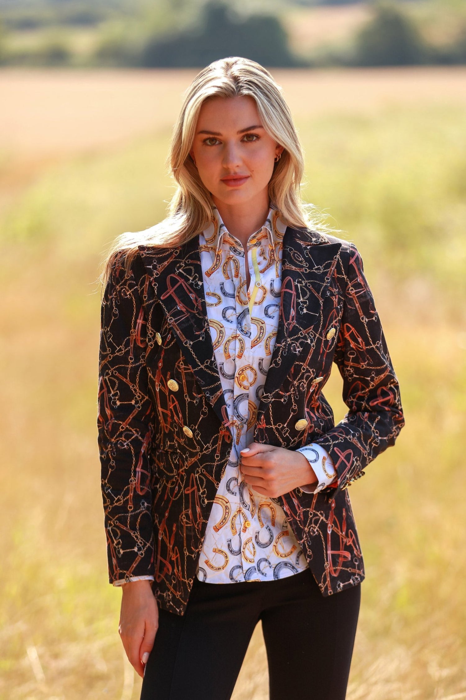 EQUESTRIAN ELEGANCE DOUBLE BREASTED PRINTED WOMENS JACKET