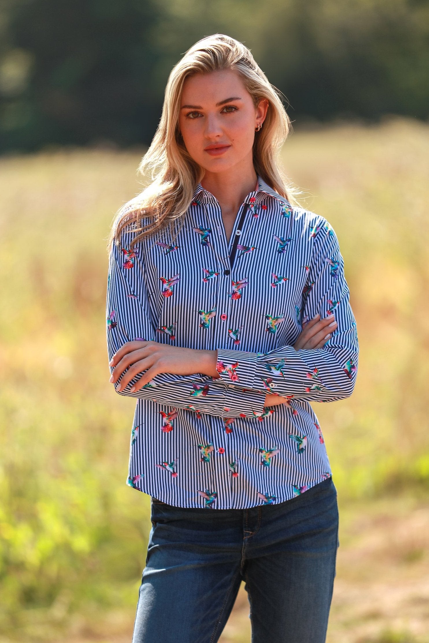 STRIPED HARMONY OF HUMMINGBIRDS WOMENS  PRINT SHIRT