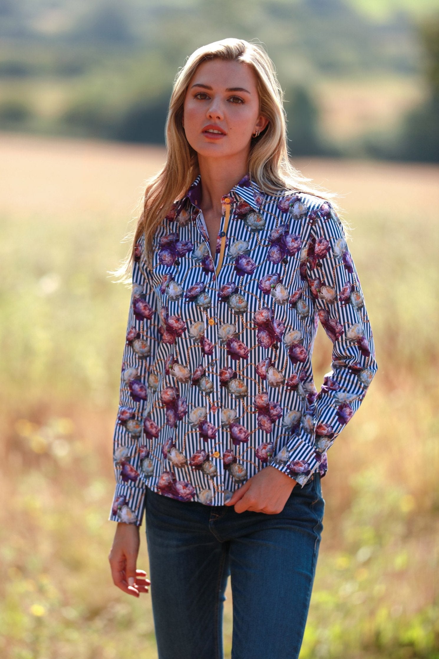 FLORAL ELEGANCE STRIPE & CHAIN WOMENS  PRINT SHIRT