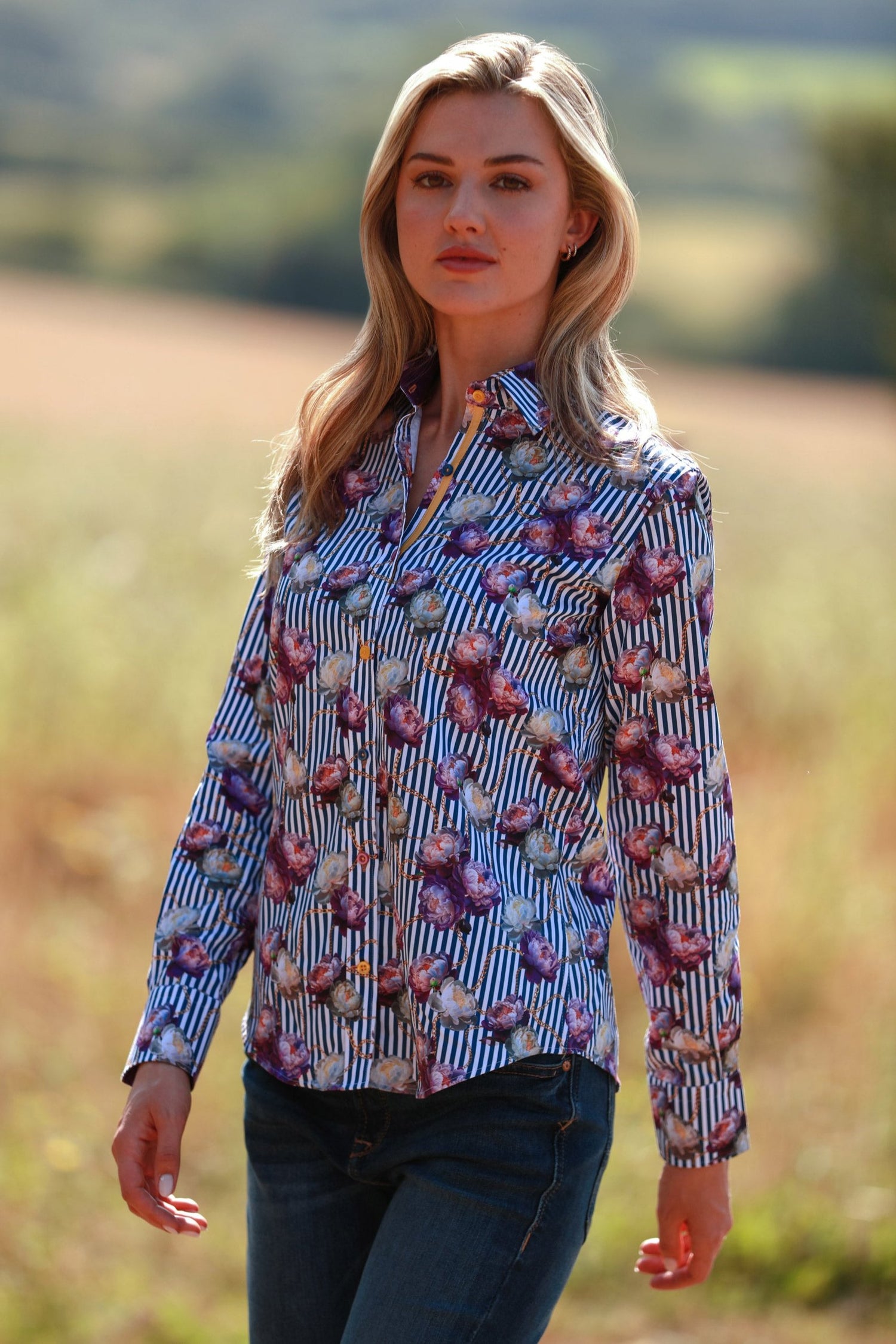 FLORAL ELEGANCE STRIPE & CHAIN WOMENS  PRINT SHIRT