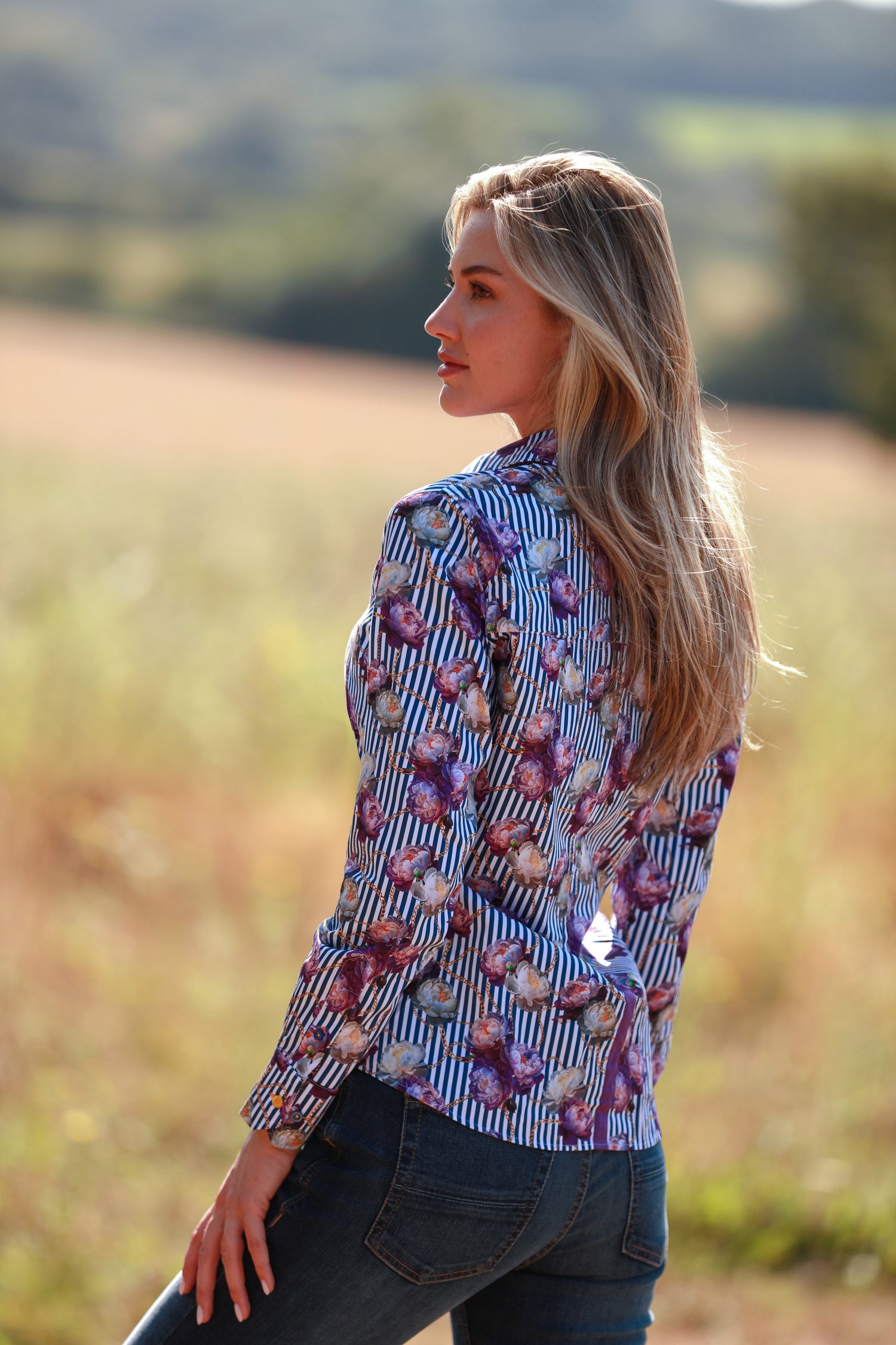 FLORAL ELEGANCE STRIPE & CHAIN WOMENS  PRINT SHIRT