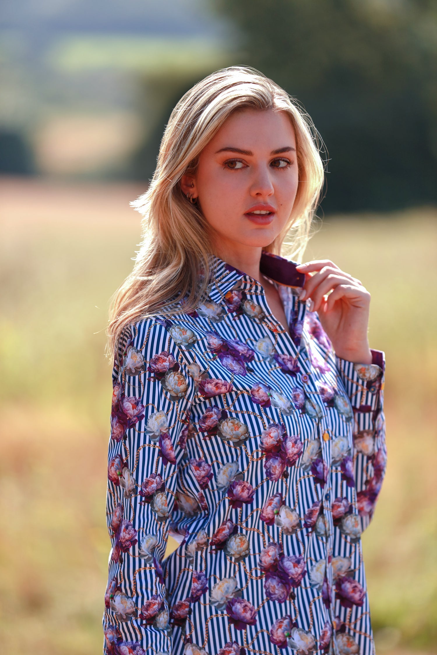 FLORAL ELEGANCE STRIPE & CHAIN WOMENS  PRINT SHIRT