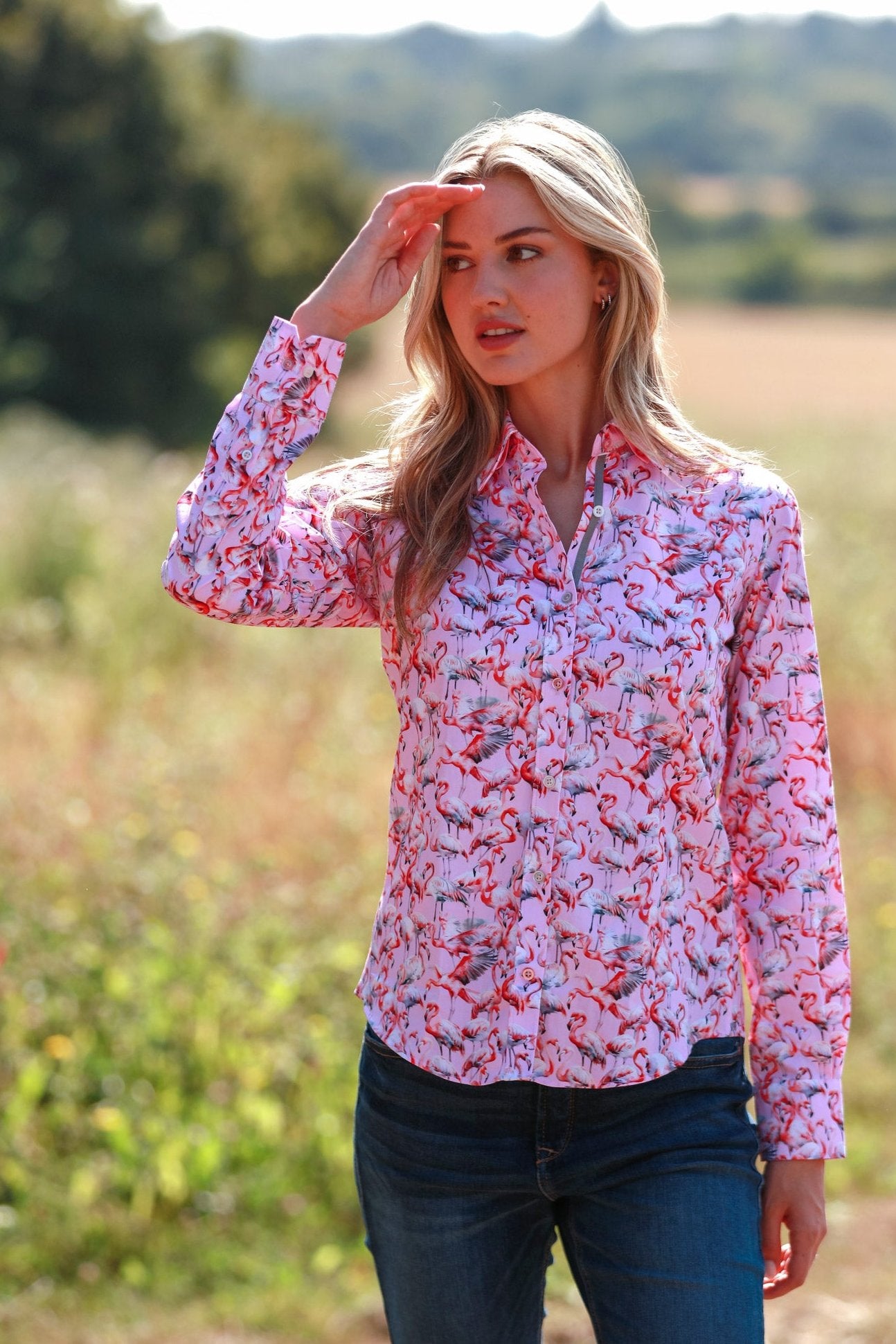 FLAMBOYANCE OF FLAMINGOS  WOMENS  PRINT SHIRT