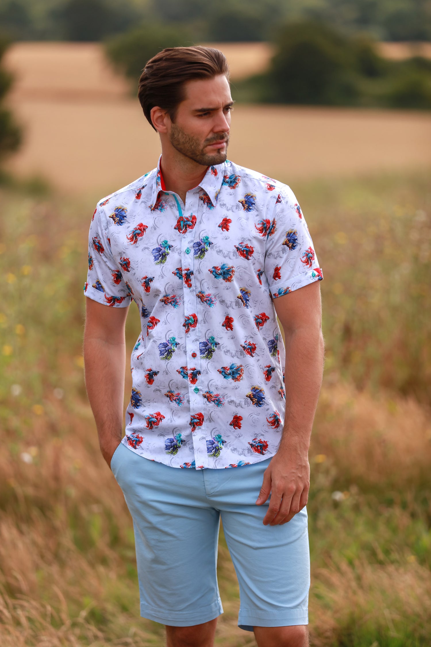 AQUATIC ALLURE. BETTA FISH PRINT SHORT SLEEVE SHIRT