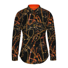 Women's snaffle print shirt featuring equestrian design on satin-cotton blend, ideal for countryside outings or day at the races