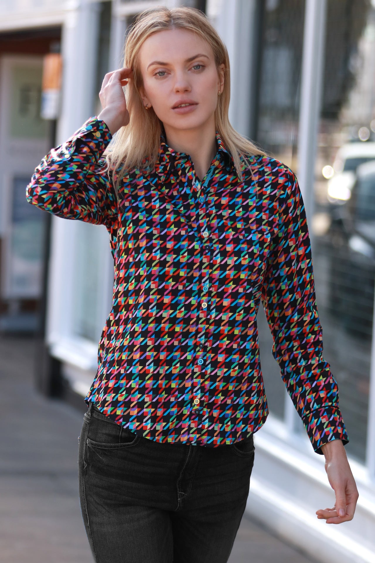 KALEIDOSCOPE HOUNDSTOOTH WOMENS  PRINT SHIRT