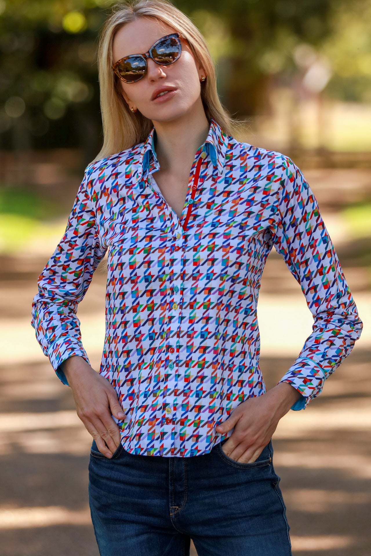 KALEIDOSCOPE HOUNDSTOOTH WOMENS  PRINT SHIRT