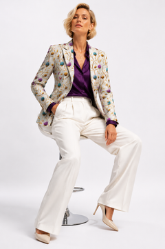 Highland Jewel Thistle Print Blazer with wide-leg ivory trousers – full-length styling