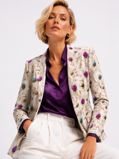 Highland Jewel Thistle Print Blazer styled with purple and ivory – seated portrait