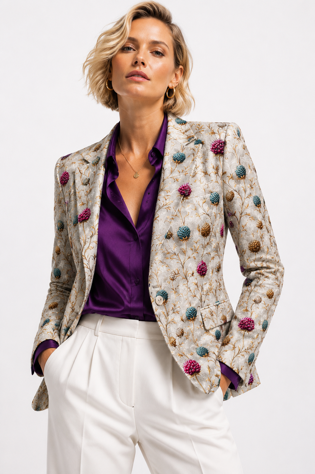 Highland Jewel Thistle Print Blazer with ivory trousers – three-quarter front view