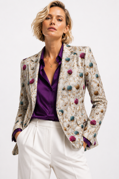Highland Jewel Thistle Print Blazer with ivory trousers – three-quarter front view