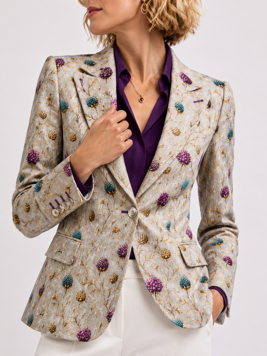 Highland Jewel Thistle Print Blazer styled with a purple blouse – front detail