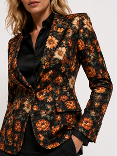 Close view of the Midnight Ember floral print blazer by Claudio Lugli
