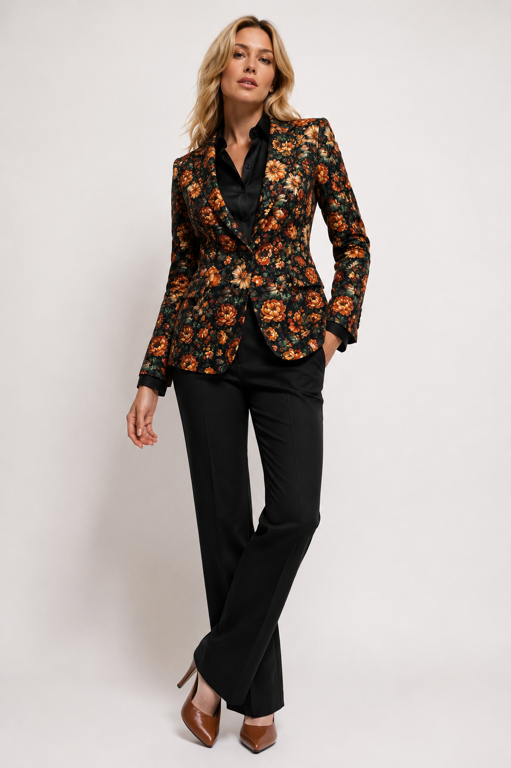 Women's Midnight Ember blazer with copper, cream and rust flowers
