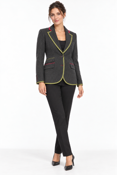 Claudio Lugli Womens Tailored Jacket CLWJ2601 in charcoal, full-length model view with green piping, red accents and black trousers