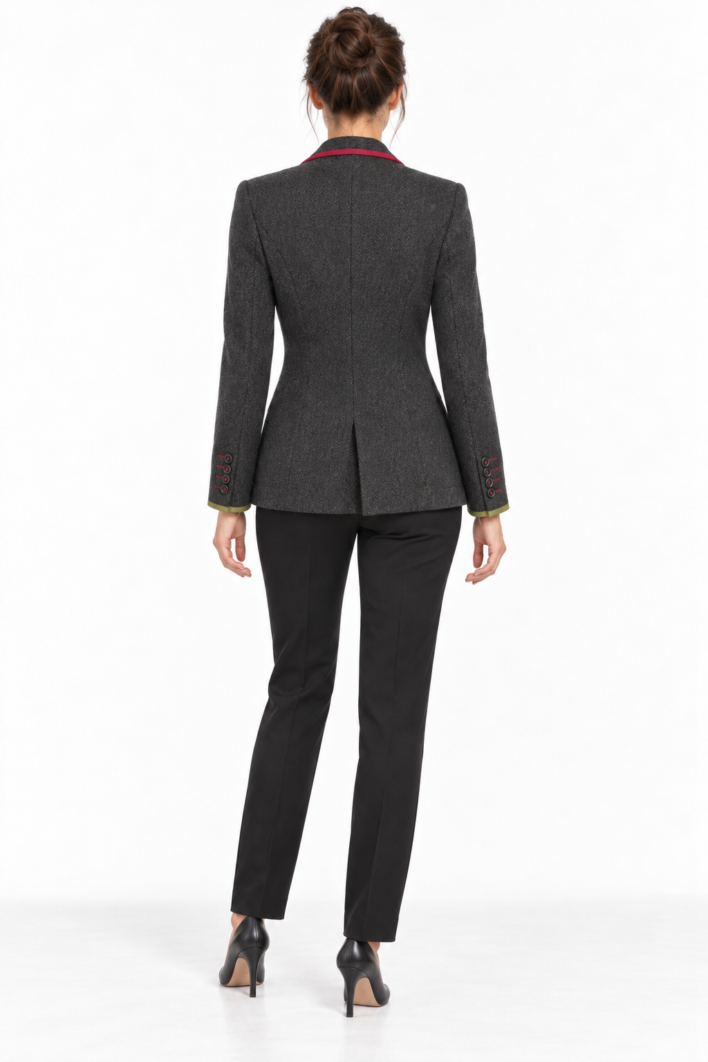 Claudio Lugli Womens Tailored Jacket CLWJ2601 in charcoal, rear model view showing the tailored back, green cuff trim and red collar accent
