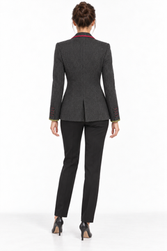 Claudio Lugli Womens Tailored Jacket CLWJ2601 in charcoal, rear model view showing the tailored back, green cuff trim and red collar accent
