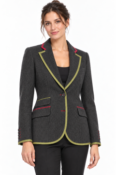 Claudio Lugli Womens Tailored Jacket CLWJ2601 in charcoal, front detail showing green lapel piping, two buttons and red-trimmed flap pockets