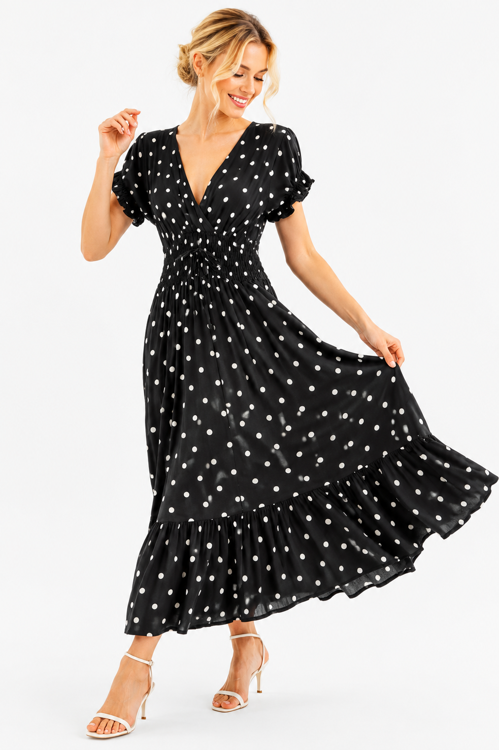 ITALIAN POLKA DOT SHIRRED MIDI DRESS