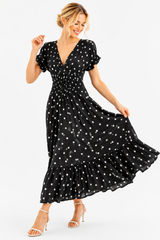 ITALIAN POLKA DOT SHIRRED MIDI DRESS