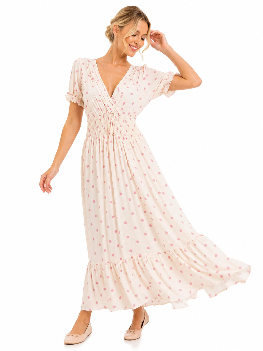 ITALIAN POLKA DOT SHIRRED MIDI DRESS