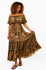 LEOPARD PRINT OFF THE SHOULDER TIERED MAXI DRESS