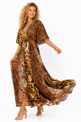 LEOPARD PATCHWORK V-WRAP MAXI DRESS