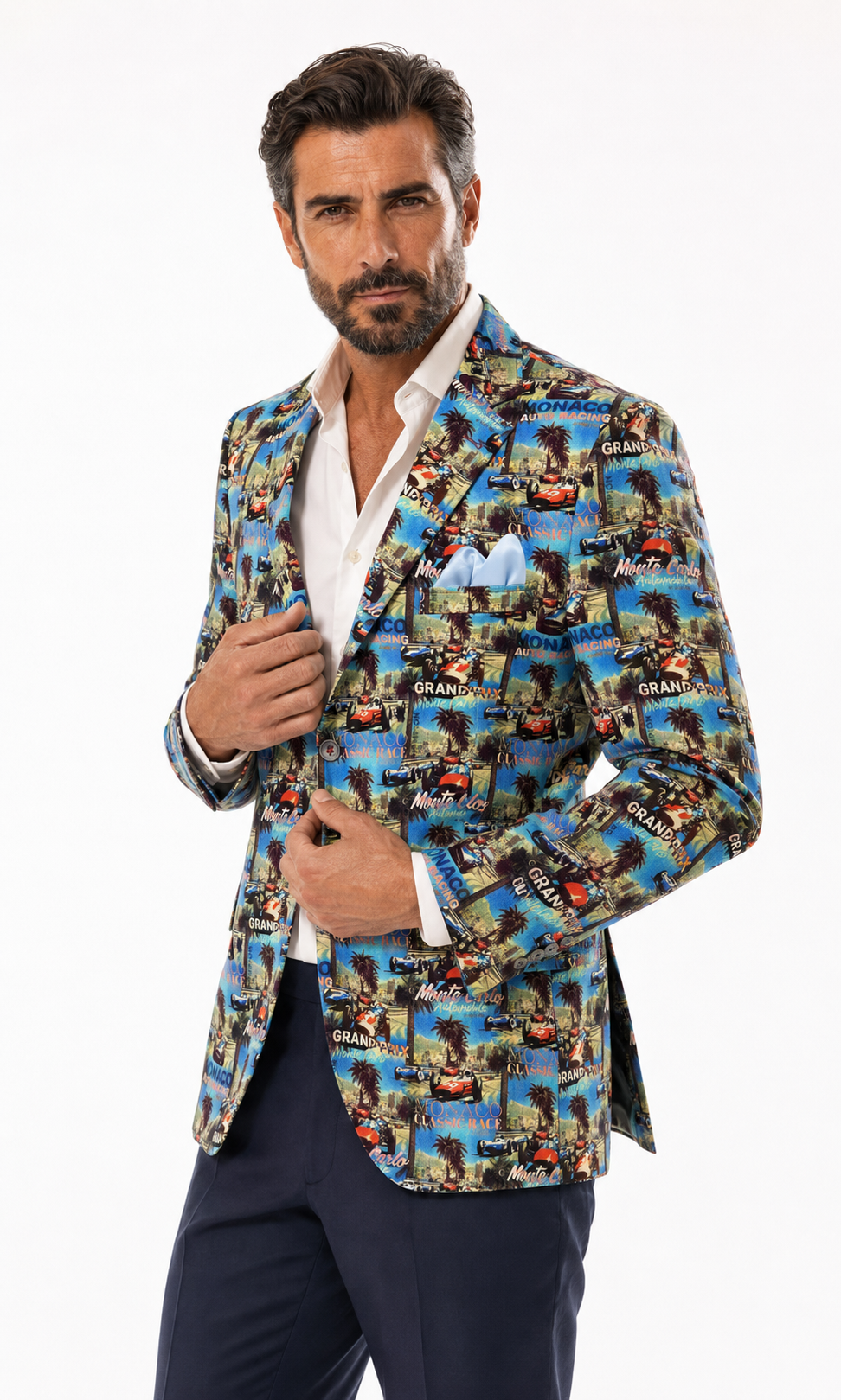 Close front view of Claudio Lugli's Monaco Grand Prix print blazer