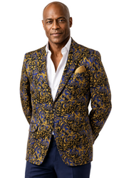 Men's navy and gold baroque print blazer by Claudio Lugli