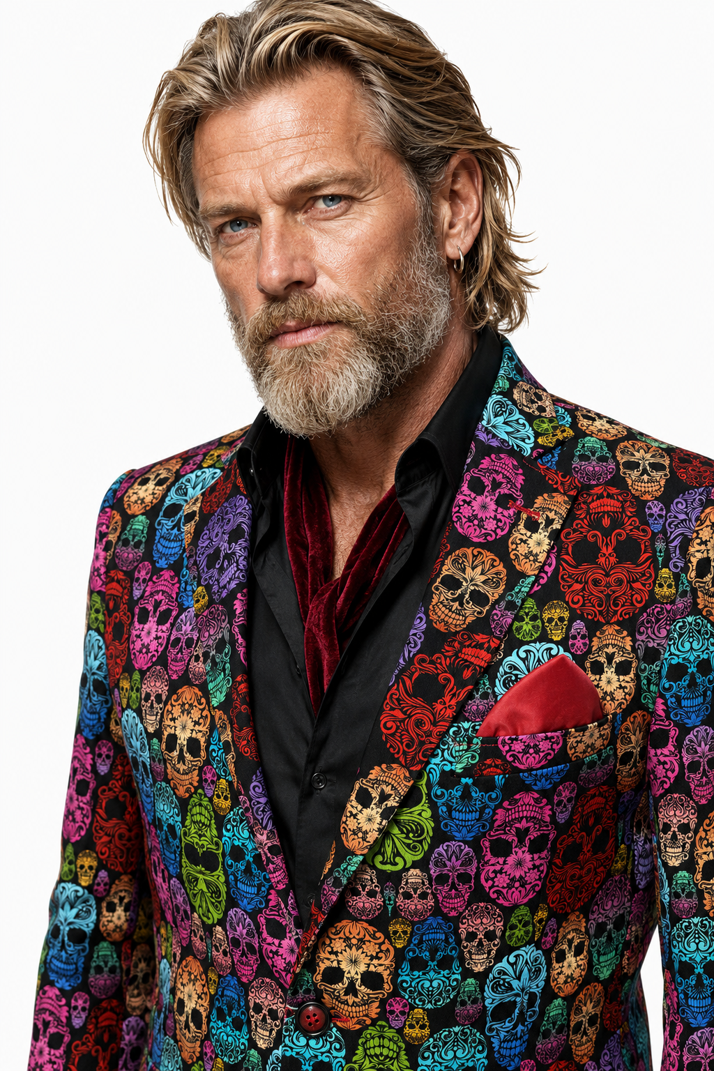 Men's multicolour ornamental skull print blazer on black by Claudio Lugli