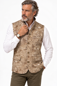 Claudio Lugli men's sleeveless jacket in a tonal gundog print on a model, refined country gilet worn over a white shirt