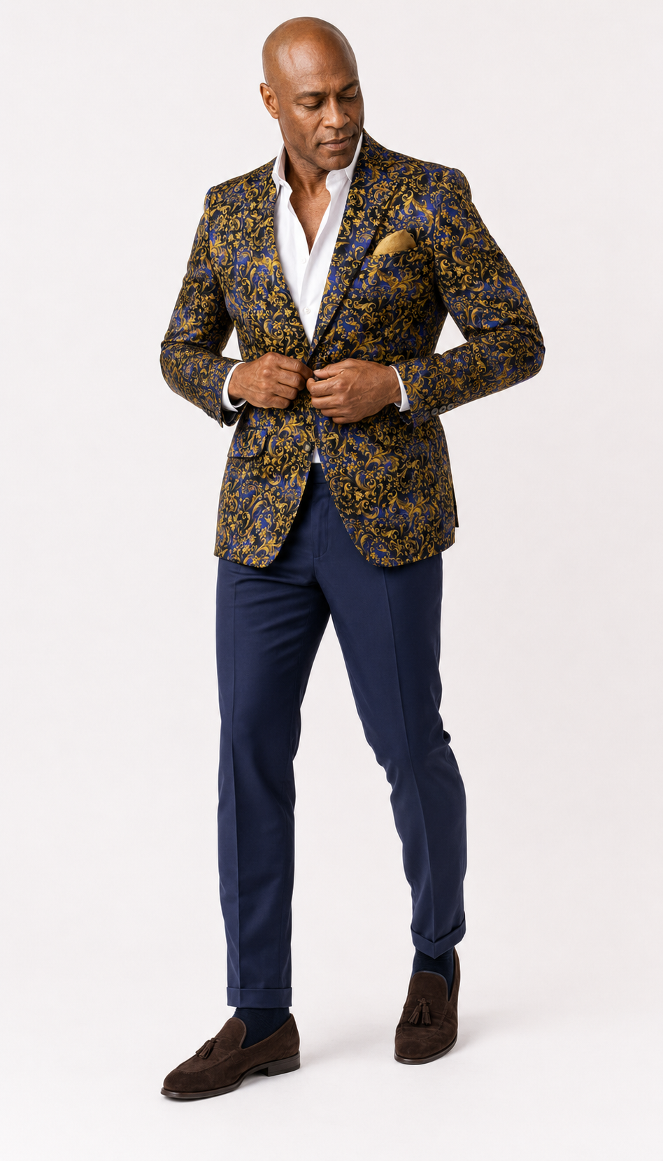 Navy and gold baroque print blazer styled with dark trousers