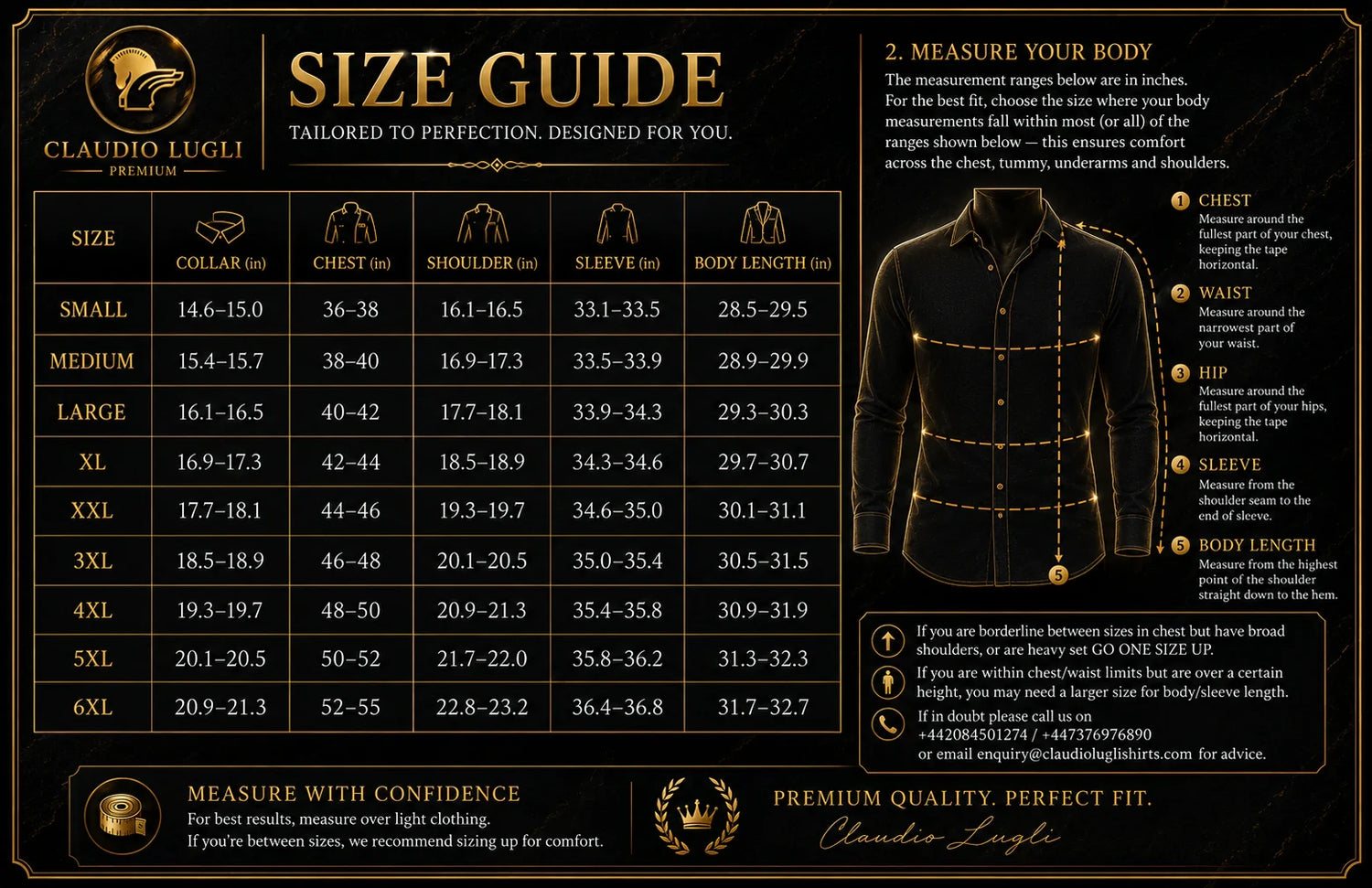 Claudio Lugli men's shirt garment measurement chart — sizes S to 6XL with chest, waist, sleeve and length measurements