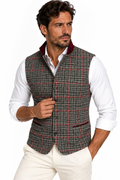 Claudio Lugli men's sleeveless jacket in a grey estate check with burgundy contrast collar on a model, country gilet with pheasant back