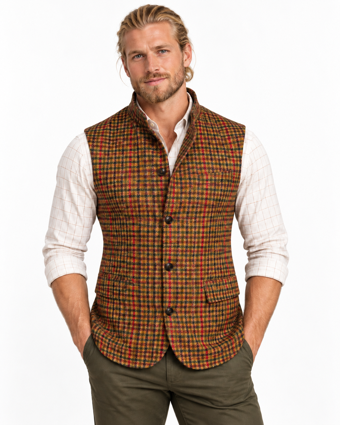 Claudio Lugli men's sleeveless jacket in a rust gun-club check print on a model, country shooting gilet worn over a shirt