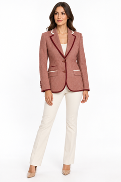 Claudio Lugli Womens Tailored Jacket CLWJ2601 in dusty rose, full-length model view with burgundy piping, cream lapel accents and cream trousers