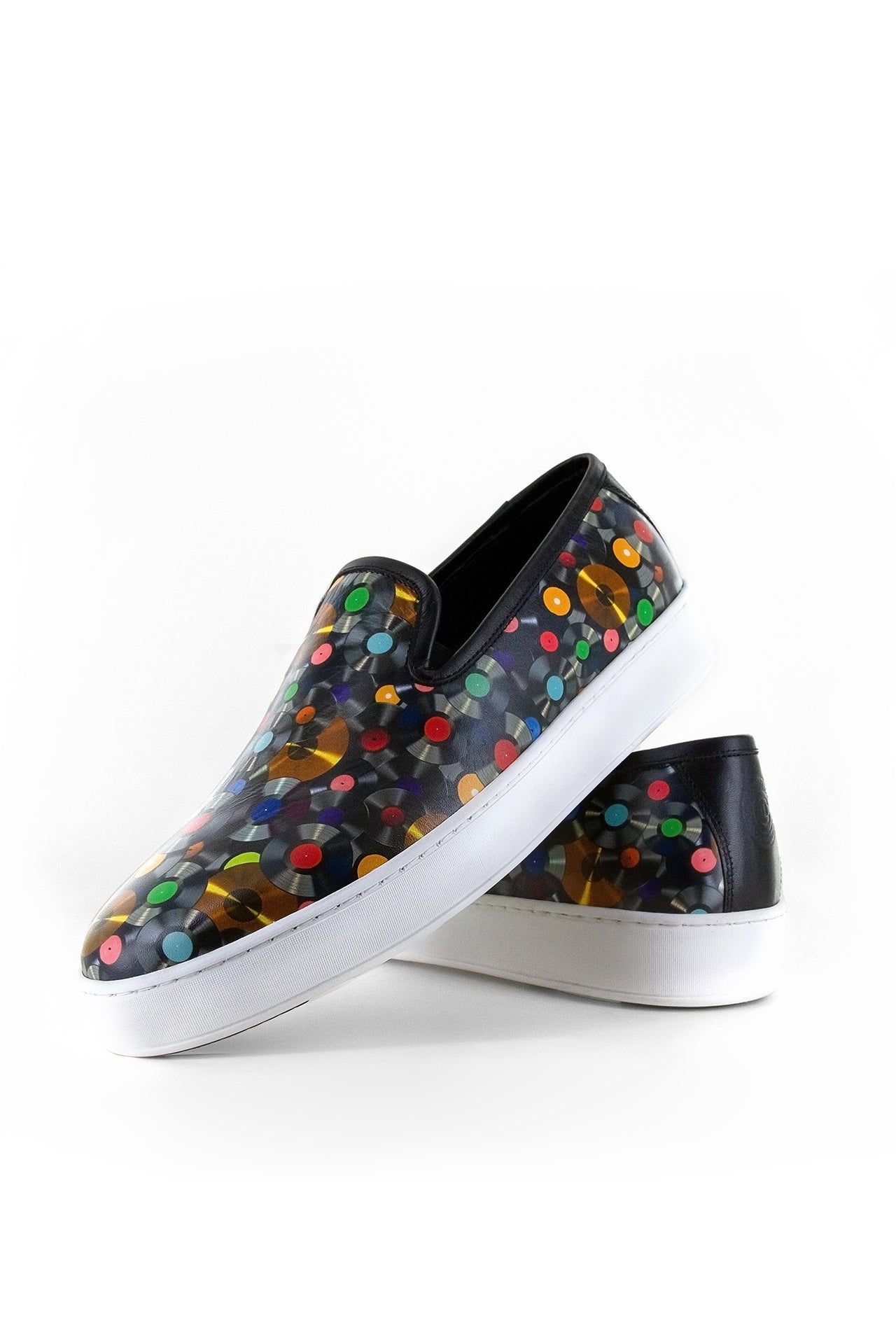 VINYL DISC PRINTED SLIP ON LEATHER SNEAKERS