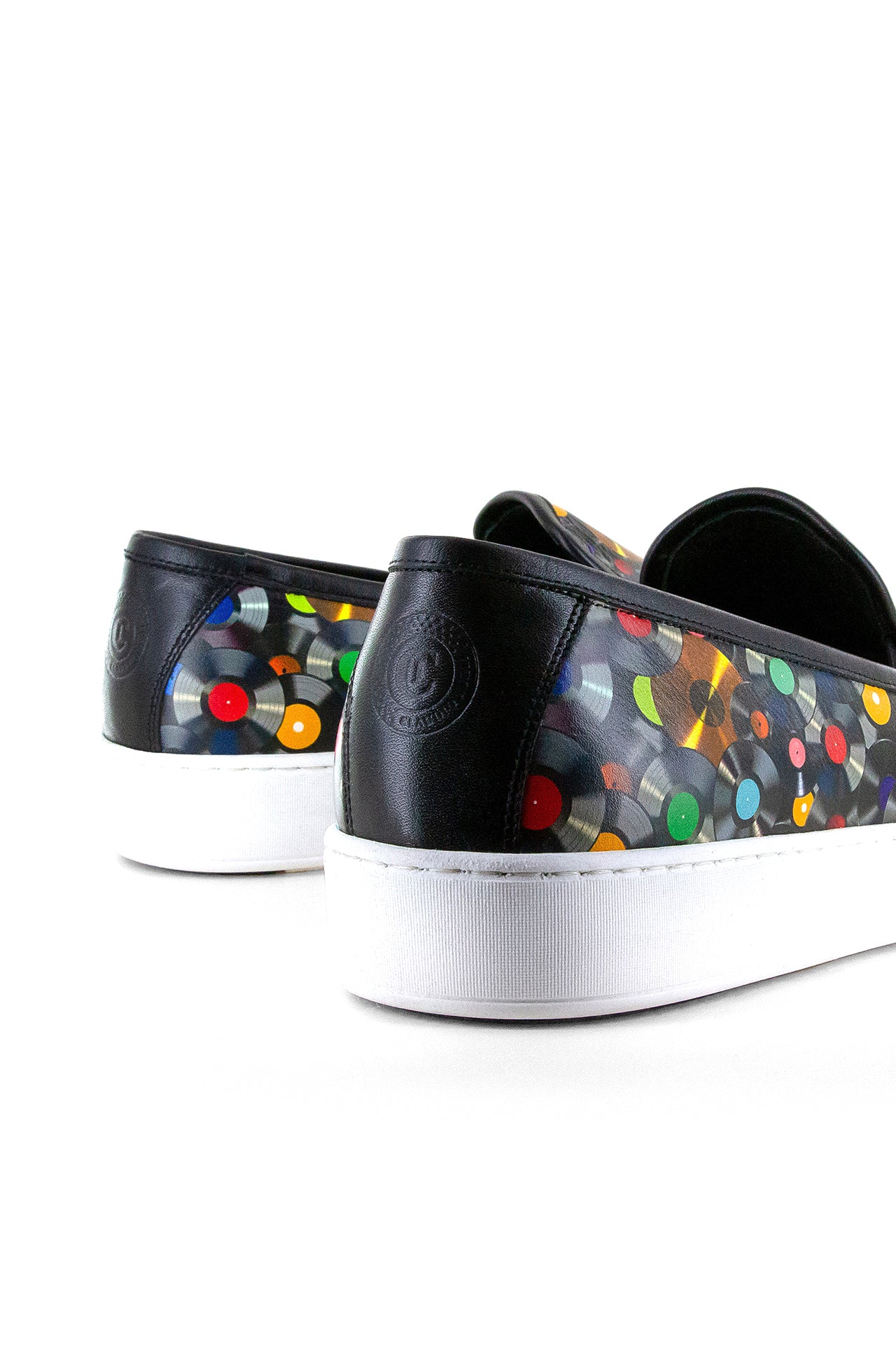 VINYL DISC PRINTED SLIP ON LEATHER SNEAKERS