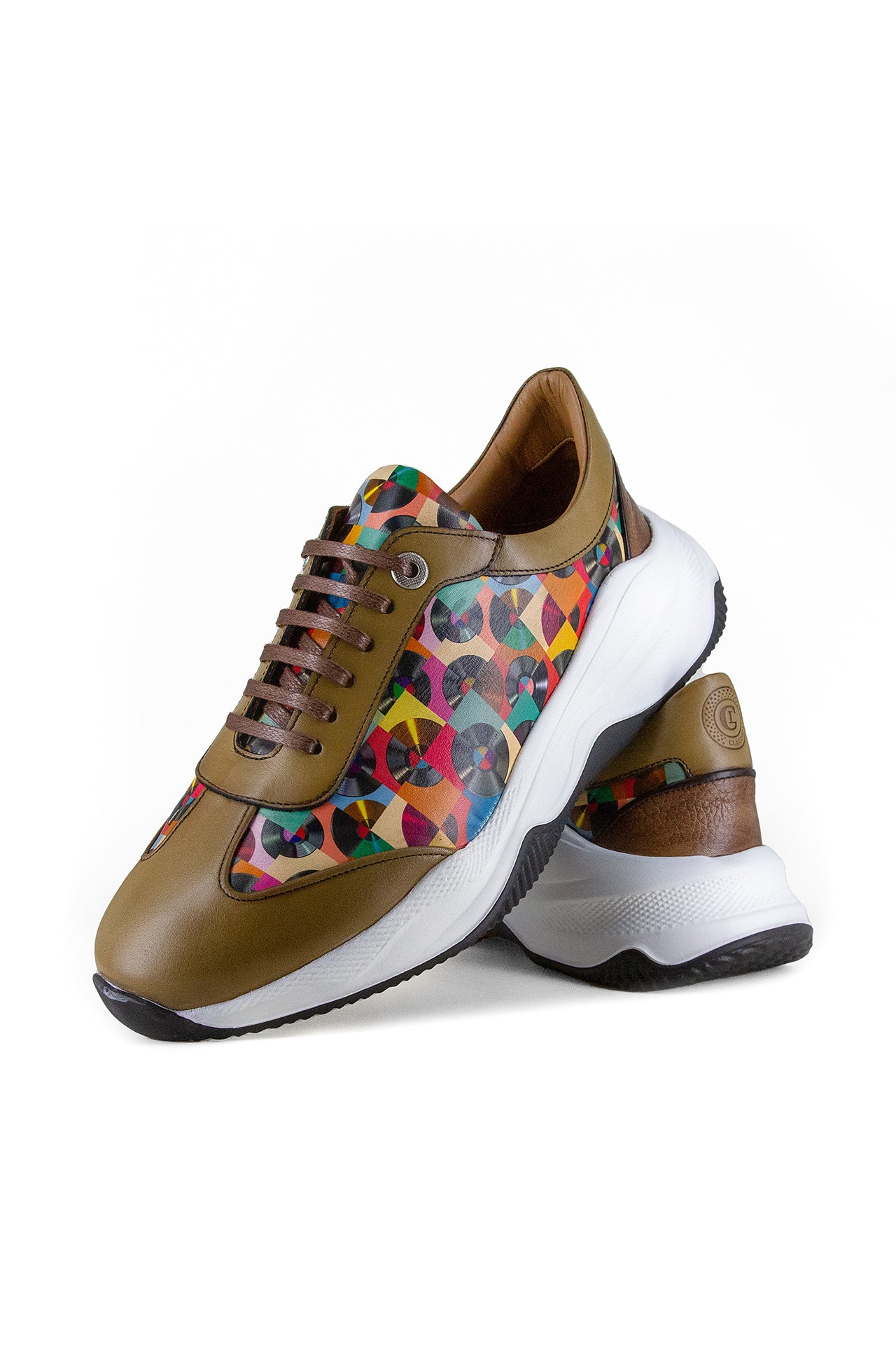 VINTAGE VINYL DISC PRINTED LEATHER TRAINERS